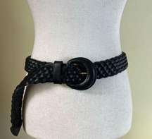 Vintage 80s 90s Braided Leather Belt Woven Wide Buckle Black Waist Belt Size M/L