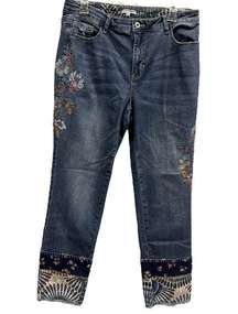 John Mark High Rise Floral Boho Embroidered Raw Hem Straight Leg Crop Jeans 12