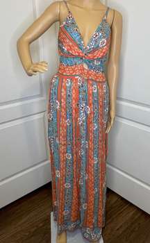 NWT  Boho Knot Front Printed Maxi Dress Blue Orange Size Medium