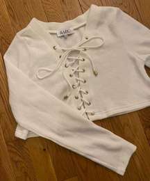 White Long Sleeve Lace up Tie Ribbed Crop Top