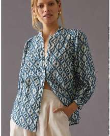 PILCRO ANTHROPOLOGIE Cotton Blue Embroidered Button down Costal Top Size Medium