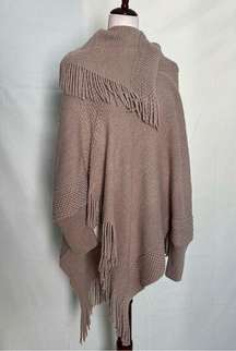 Do Everything in Love Fringe Knit Sweater Shawl with Long Sleeves Tan Beige OS