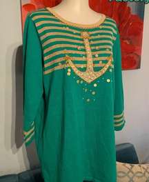 The Quacker Factory nautical beaded sweater top m medium metallic gold green