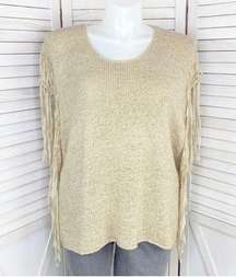 Chico’s Tarrin Tape Yarn Fringe Poncho Sweater Taupe Tan Large XL