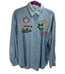 Women's Button Up Shirt Embroidered Maple Acorn Oak Oversized Vintage Blue XL