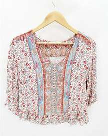 Rose & Thyme Pink Blue Paisley Floral Printed Ruffle Top Women's Size Small S