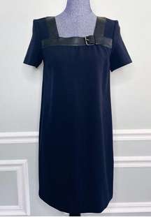 NEW The Kooples Double Crepe Lamb Leather Trim Navy Shift Dress Size 38