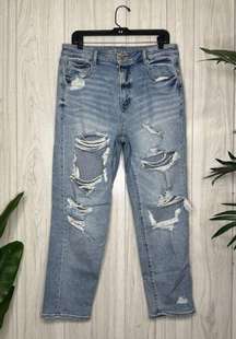 American Eagle Plus Size High Rise Stretch Mom Jeans Destroyed Medium Wash 14