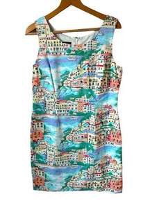 City Print Scenic Village Shift Dress Lined Light Blue Cotton sz 10