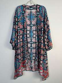 Tolani Collection Kimono Longline Cardigan 1X Blue Red Multicolor Abstract Print