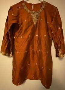 Traditional Beaded Rusty Brown Embroidered 3/4 Sleeve Top