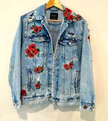 Zara Oversized Denim Jacket with embroidered Roses and Studs. Size Small