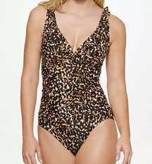 DKNY Ruffle Animal Print Underwire Tummy-Control One-Piece Swimsuit 10 NWT