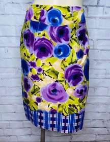 YOANNA BARASCHI ANTHROPOLOGIE Happenstance floral & plaid pencil skirt size 2