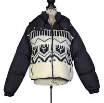 Cider Stand Collar Aztec Drawstring Pocket Puffer Jacket Black and White Large