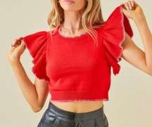 Day + Moon cropped red knit flutter sleeve sweater size Large NEW