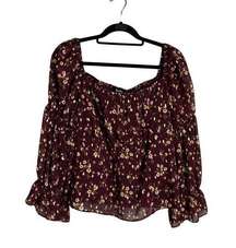 By and By Square Neck Peasant Top Floral Mesh Burgandy XXL