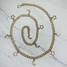 Moon and Star Charm Gold Tone Metal Chain Link Belt OS One Size