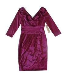 NWT Kay Unger Burgundy Wine Pleated Faux Wrap Stretch Satin Sheath Dress 4 $320