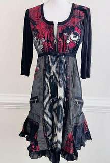 DESIGUAL Black & Red Goth Steampunk Abeth Print Patchwork Dress ~Size 38 / 8 Med