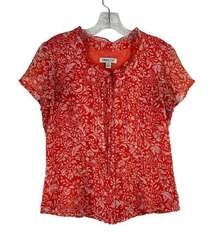 Coldwater Creek Top Womens XS Button Up Blouse Orange Floral Lined Short Sleeve