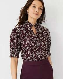 ANN TAYLOR NWT Women's Small Maroon Floral Embroidered Blouse Puff Sleeve Ruffle