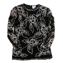 Vintage Beaded Embellished Black Silk Floral Top Formalwear Blouse