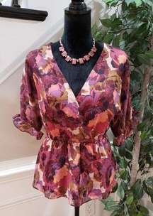 Sofia Vergara Women's Multicolor Wine Floral V Neck 3/4 Sleeve Top Blouse Medium