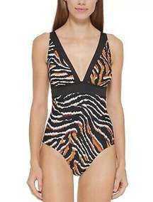 DKNY TIGER BLACK Plunging Animal Print One Piece Black & Brown Swimsuit NWT 8
