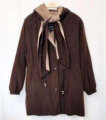 VINTAGE! 90’s GALLERY BROWN AND TAN TIE FRONT NECK BOW HOODED TRENCH COAT JACKET