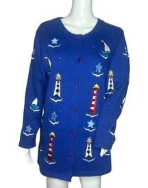 Quacker Factory Sweater Womens Medium Cardigan Blue Lighthouses Nautical Vintage