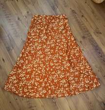 Orange Floral Satin Midi Skirt