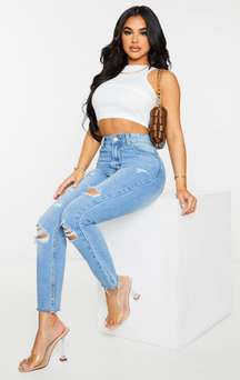 Petite Light Wash Distressed Mom Jeans