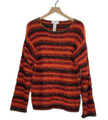 Easy Spirit Pullover Sweater Women's Size L Orange Striped Eyelash Fringe Fall