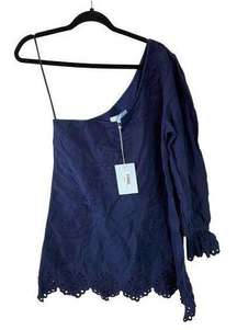 Hill House The Amika Dress one shoulder linen eyelet navy blue size L NWT