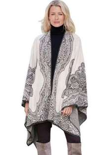 Soft Surroundings Amadeo Open Long Wrap Cape Black Ivory Kimono Aztec Western