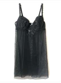 Parisa Vintage Y2K 00s Black Floral Embroidered Sheer Mesh Babydoll 38B