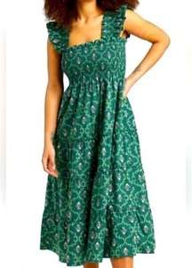 Hill House Ellie Nap Smocked Teired Midi A-line Dress Emerald Trellis Women's S