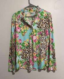 Gottex Life Style Multicolor Floral Animal Print Blouse with Button Detail XL