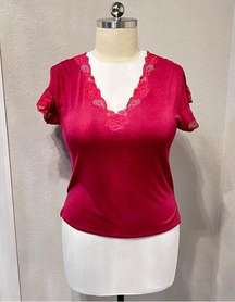 | Pink Mauve Lace Trim V-neck Tee