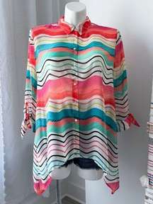 Chico’s Watercolor Striped 3/4 Tie-Sleeve Button Down Chiffon Shirt Size 3 XL