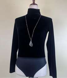 Vintage 90s Talbots Black Velvet Bodysuit Long Sleeve Mock Neck Snap Gusset M