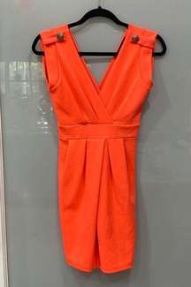 Lac Bleu Women's Highlighter Coral Orange Midi Sleeveless Dress Sz Small