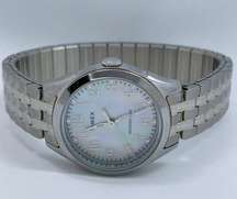 Timex ladies MOP dial Quartz analog watch 29mm silver tone case band 7”  runs