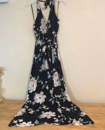 Black Floral V-neck Halter Maxi Dress