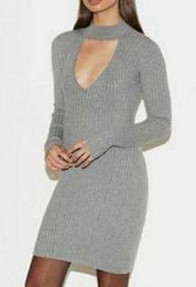 Kendall & Kylie Gray Ribbed Long Sleeve Keyhole‎ V Neck Sweater Dress Medium