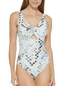 DKNY SPLASH Peek-a-boo Twist Front Cutout Blue One-Piece Swimsuit US 12 NWT