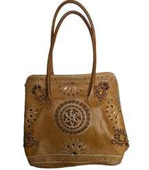 Vtg 1990s Chico's Camel Tan Leather Boho Embroidered Embellished Satchel Bag