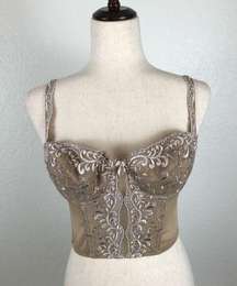 Felina Lingerie Corset Bustier Womens 36C Underwire Tan Mesh Lace Bra