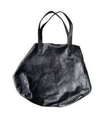 American Leather Co. Black Floral Tooled Leather Zip Tote Bag Shoulder Bag Black